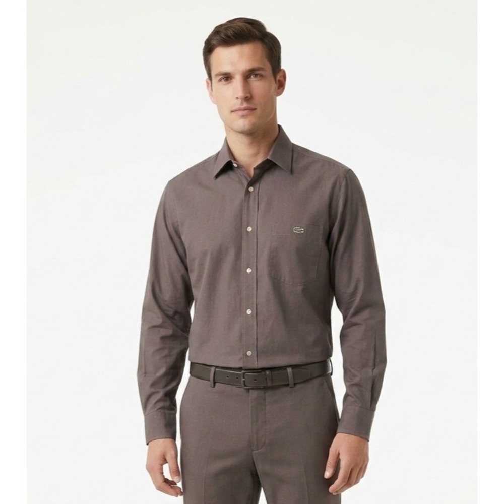 Lacoste Button Up Formal Shirt Mens 40 Taupe Gray Long Sleeve Pocket Front Logo